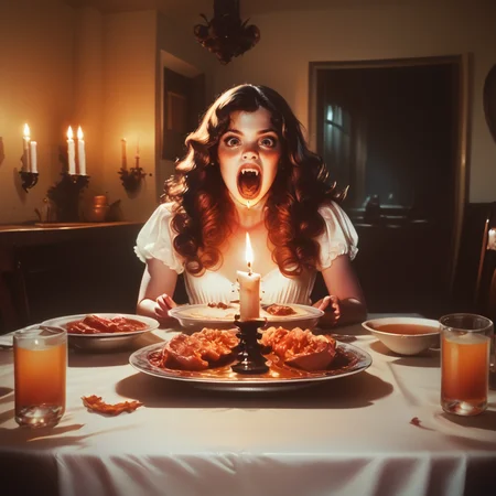 core_9, score_8_up, score_7_up, score_6_up,  <lora:70s_Horror_MoviePony:1> ArsMovieStill, movie still from a 1970s horror movie, The image shows a young woman sitting at a dining table with a lit candle in front of her. She is wearing a white dress and has long curly hair. Her mouth is open wide and her eyes are wide open as if she is screaming or shouting. The table is covered with a white tablecloth and there are plates of food and glasses of water on the table. The background is dark and there is a window visible in the distance. The overall mood of the image is eerie and spooky., 1girl, candle, food, long hair, table, brown hair, solo, open mouth, fangs, plate