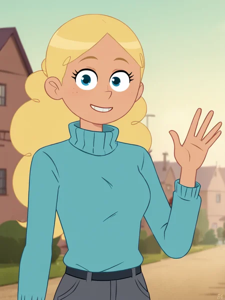 score_9, score_8_up, score_7_up, score_6_up, BREAK, P13rr3tt3, 1girl, solo, long hair, blue eyes, blonde hair, blue sweater, turtleneck, grey pants, smile, upper body, raise left arm, day, outdoor, waving, looking at viewer, Volumetric Lighting
standing, simple background, smile, face viewer, looking at viewer <lora:Pierrette-000009:0.9>