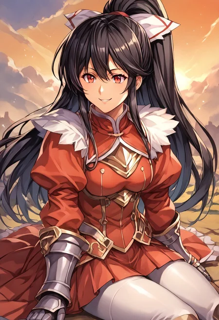 score_9, score_8_up, score_7_up, score_6_up, score_5_up, score_4_up, detailed, intricate details, source_anime, , (best quality) , (highly detailed) ,((masterpiece)), ((best quality)), (ultra-detailed), ((extremely detailed)), (high resolution), 4K, (8K), best quality, (beautiful), (dynamic lighting), (super detailed skin), sharp focus, (1_girl, solo focus), score_9,score_8_up,score_7_up,anime coloring BREAK source_anime,anime, theresia (hortensia saga),  Windy, Flowing hair, Wind, Hair billowing in the Wind long hair, Very long hair, long hair, hair between eyes, black hair, red eyes, sidelocks,  , ponytail, hair ribbon, white ribbon, cuirras, armored boots, puffy sleeves, pantyhose, red capelet, fur collar, gauntlets, greaves, armored dress, turtleneck, , red skirt
smiling, sitting,
Face Focus, Upper Body detailed eyes、detailed face and detailed skin <lora:add-detail-xl:1.0>
Artist Style: Urushihara Satoshi