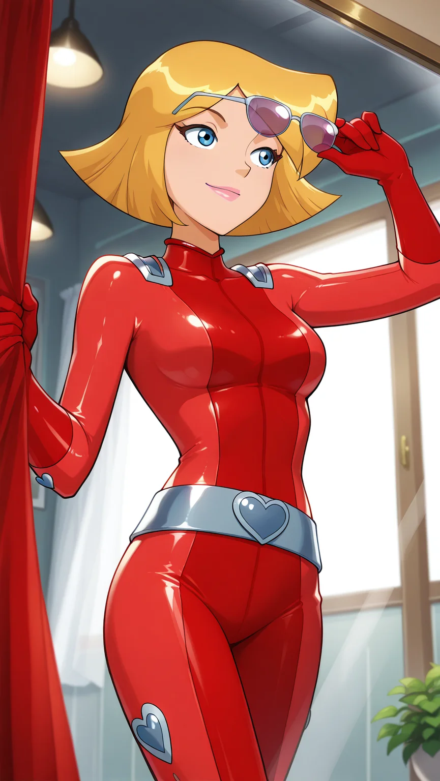 masterpiece, best quality, best aesthetic, 1girl, detailed background, cinematic lighting, low angle, source_anime, official style, dressing room, clothes hangers, clothes, tiny spotlights, glitters, window glass, (black outline:0.8),  
1girl, adult woman, clover_totally_spies, red bodysuit, confident, naughty, blonde,  skinny, medium breasts, diva pose, proud, hand holding sunglasses, pink lips, 
 <lora:Hand v2:1>, <lora:feet_anime_pony_v2:1>,  <lora:Clover_TotallySpies:1.2>