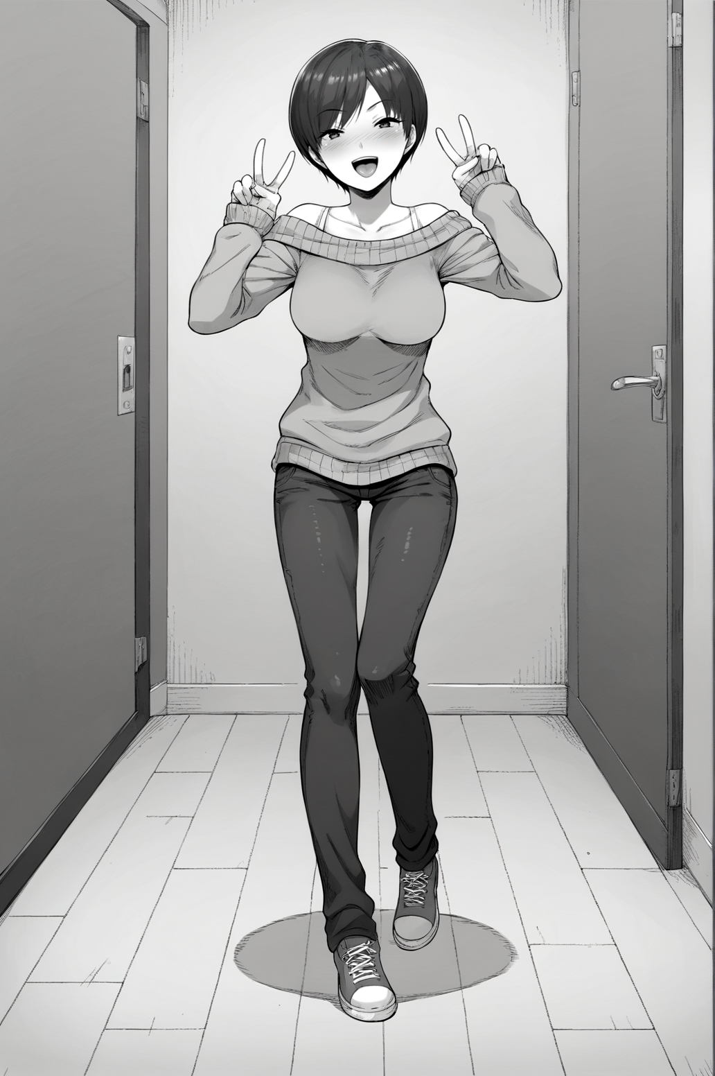 score_9, score_8_up, score_7_up, monochrome, manga_source, best background, detailed background, manga, grayscale   Haruka, Home Outfit, naughty face, horny, dancing, solo, dynamic camera, dynamic angle, indoors, full body, bottomless, victory fingers, v fingers, <lora:JN_Haruka:0.8>