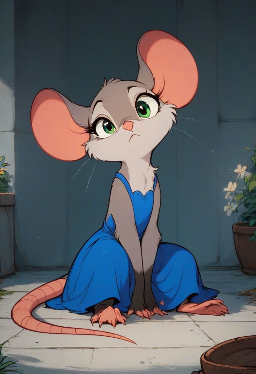 score_9, score_8_up, score_8, solo, (fluffy:0.8), (feral), indoors, furry, (((mouse))), female, green eyes, (gray fur:1.2), claws, (fluffy cheeks:0.7), (blue dress), (solo:2), sitting, bored expression, j_cartoon, (looking at viewer), cute, arms folded