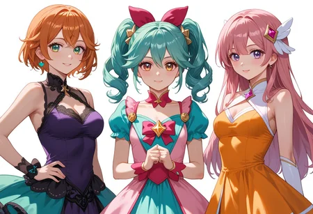 score_9, score_8_up, score_7_up, 
source_anime, deep colors, 
high quality, high resolution, detailed, highres, highly detailed, intricate details, beautiful eyes,
BREAK
multiple girl, (magical girls:1.3), (magical girl:1.3), 3 girls, 3girls, 
Genshin Impact Style,
(magical girl outfit:1.2), (intricate decorated magical girl dress:1.1), lace, ribbon, stitching, ornament, steampunk dress, Chinese dress, ballerina dress, evening dress,
red hair, pink hair, orange hair, yellow hair, green hair, cyan hair, blue hair, purple hair, violet hair, black hair, 
red dress, pink dress, orange dress, yellow dress, green dress, cyan dress, blue dress, purple dress, violet dress, black dress,