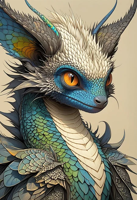 Produce a visually striking, masterpiece of wildlife portrait_futurism of a hybrid creature, combining the vibrant, intricate scales of a colorful Dragon Fire, Blue scales with the endearing features of a cute chibi aye-aye. The hybrid creature's skin boasts a kaleidoscope of rich, iridescent hues, ranging from deep emerald greens to shimmering sapphire blues, creating a mesmerizing display of color and texture. Its eyes, large and expressive like those of an aye-aye, exude a sense of innocence and curiosity, framed by long, fluffy lashes that add a touch of whimsy to the creature's appearance. The creature's slender fingers, tipped with delicate claws, exhibit a surprising dexterity and grace, while its tail, adorned with intricate patterns reminiscent of exotic reptilian scales, coils elegantly around its body. The vivid contrast between the lizard's reptilian features and the aye-aye's endearing characteristics results in a captivating, one-of-a-kind creature that effortlessly blends beauty and charm.