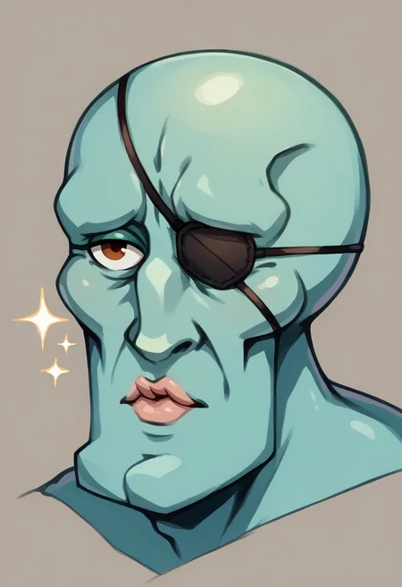 score_9, score_8_up, score_7_up, BREAK handsomize, sparkle, colored skin, aqua skin, bald, eyepatch, bandana, close up portrait, simple pencil sketch, spot color, yoji_shinkawa