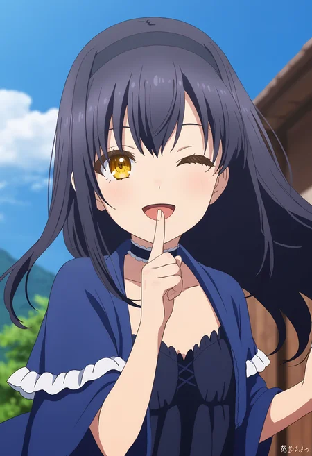 <lora:Kushima Kamome_pony-000050:1>,
Kushima Kamome,1girl,solo,one eye closed,hairband,smile,open mouth,index finger raised,outdoors,choker,finger to mouth,day,looking at viewer,blue sky,floating hair,frilled choker,dress,frills,blurry,sky,;d,blurry background,frilled capelet,black choker,sidelocks,hand up,blush,collarbone,upper body,happy