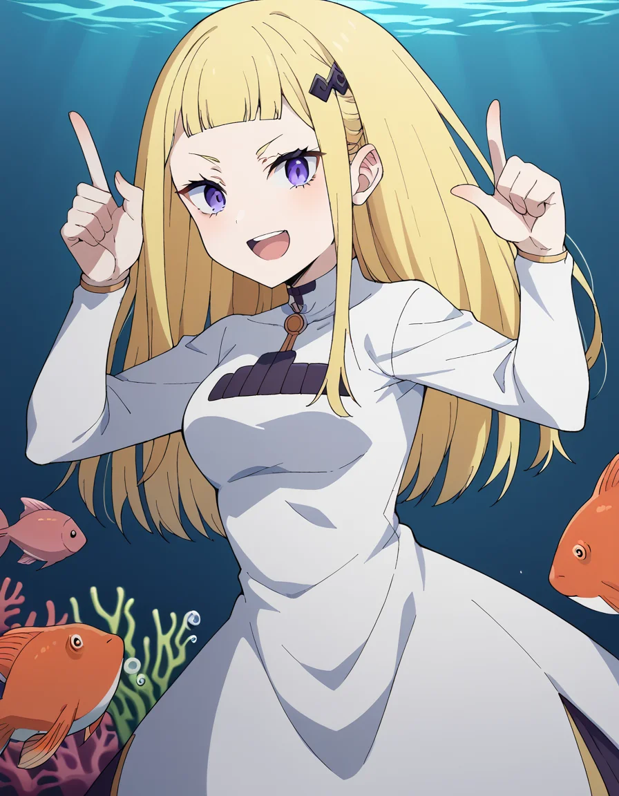 score_9, score_8_up, score_7_up, source_anime, <lora:rezero-sylphy-s3-p1-ponyxl-lora-nochekaiser:1>, sylphy, long hair, bangs, purple eyes, blonde hair, hair ornament, blunt bangs, medium breasts,, long sleeves, dress, white dress,, seafloor, coral, fish, underwater, blue, smile, <lora:horns-pose-ponyxl-lora-nochekaiser:1>, horns pose, index fingers raised, angry, steam, open mouth, shouting, anger vein,, looking at viewer, solo,, dutch angle, cowboy shot