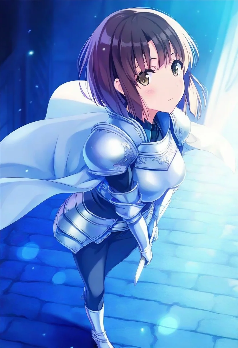 1girl, katou megumi, megumi katou, Megumi <lora:KatoMegumi:1>,brown hair,katou megumi,brown eyes, medium breasts , short hair, masterpiece, best quality,solo,looking at viewer, fantasy knight theme, medieval castle courtyard background, wearing light armor with gold accents, a flowing white cape, holding a silver sword with intricate designs, standing confidently, one foot resting on a stone step, sunlight reflecting off armor, determined expression, wind blowing cape and hair slightly, vibrant color palette, dramatic high-angle perspective, cinematic lighting, soft lens flare, depth of field, majestic and heroic atmosphere,<lora:焦茶_XL:0.8>,