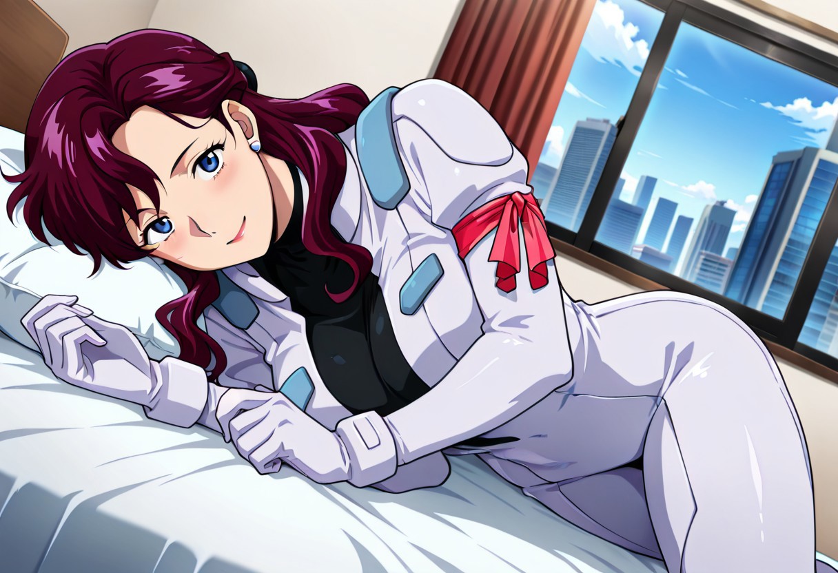 ((masterpiece, absurdres)), best quality, amazing quality, newest, 4k, anime coloring, very aesthetic, ray tracing, Smooth Quality, CG,city view,Junko, 1 mature female, purple hair, long hair, ear accessory, blue eyes, smile ,pilotsuit, turtleneck t-shirt, arm ribbon, lying on bed