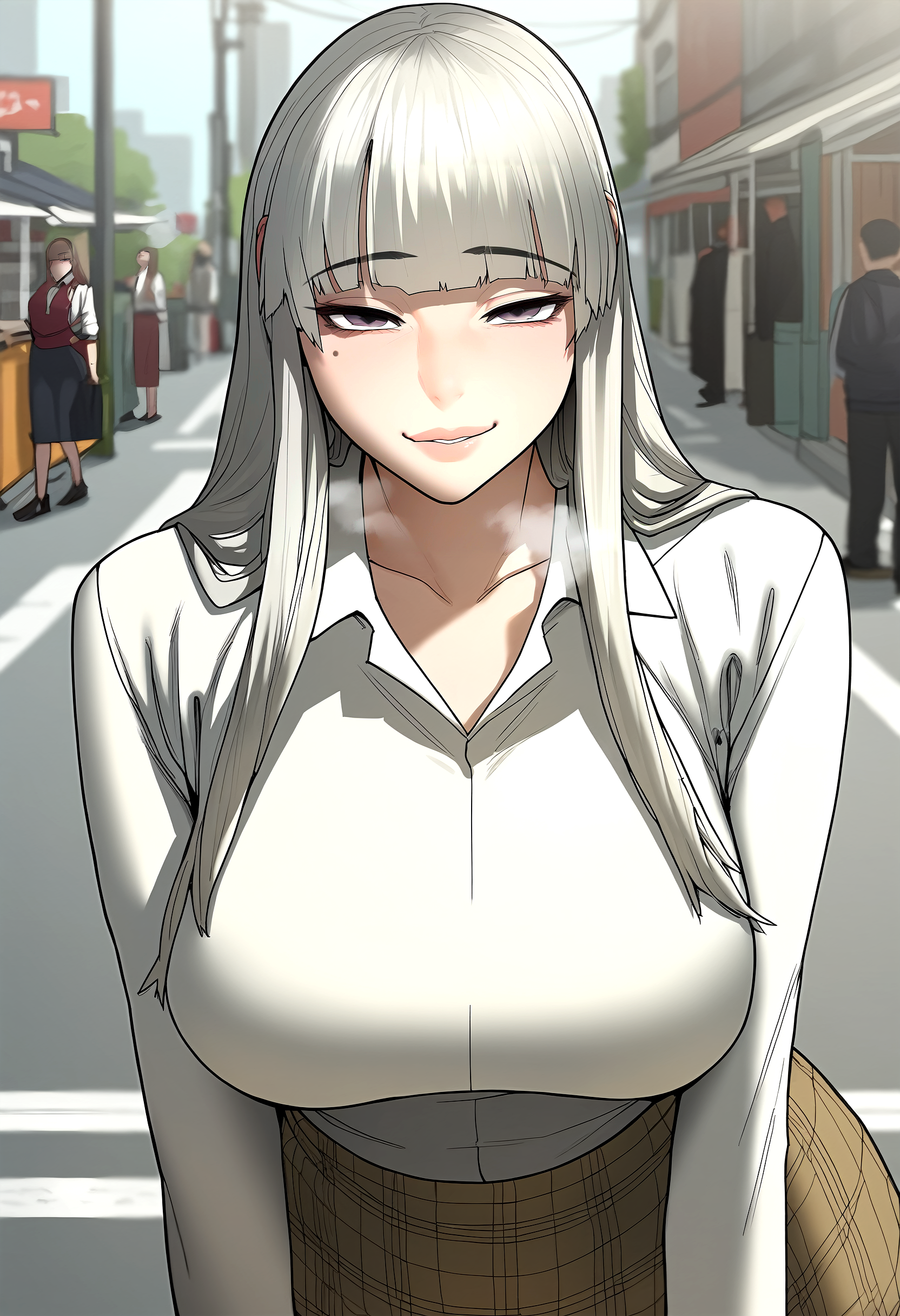 score_9, score_8_up, score_7_up, score_6_up, source_anime, rating_explicit, <lora:neg4all_bdsqlsz_V3.5:2.0>1girl, (solo:1.1), huge breasts, <lora:Hyun Jin-seoponyxl:1> long hair, blunt bangs, white hair, grey hair, mole under eye, purple eyes, grey eyes, lips, collarbone, long sleeves, white shirt, collared shirt, plaid skirt, brown skirt, smile, half-closed eyes, Narrow shoulders, heavy breathing, steaming body, street, outdoors, looking at viewer