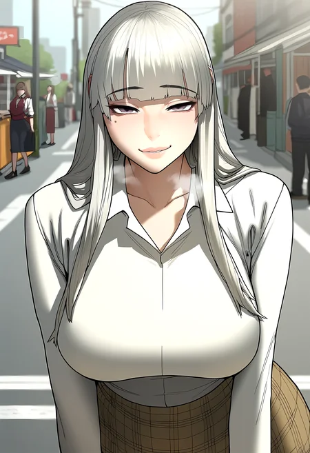 score_9, score_8_up, score_7_up, score_6_up, source_anime, rating_explicit, <lora:neg4all_bdsqlsz_V3.5:2.0>1girl, (solo:1.1), huge breasts, <lora:Hyun Jin-seoponyxl:1> long hair, blunt bangs, white hair, grey hair, mole under eye, purple eyes, grey eyes, lips, collarbone, long sleeves, white shirt, collared shirt, plaid skirt, brown skirt, smile, half-closed eyes, Narrow shoulders, heavy breathing, steaming body, street, outdoors, looking at viewer