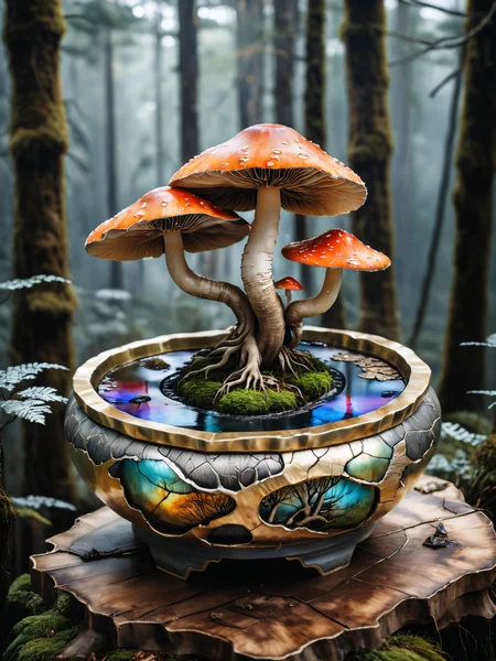 brocade cracked kintsugi artistic, wet watercolor painting of beautiful mushroom in bonsai pot, double exposure on dark forest scenery, mesmerizing beauty, pretty features, iridescent, Luis Royo, Agnes Cecile, Ruan Jia, masterwork by head of prompt engineering <lora:hyperkraximalism_v1-1:0.5>