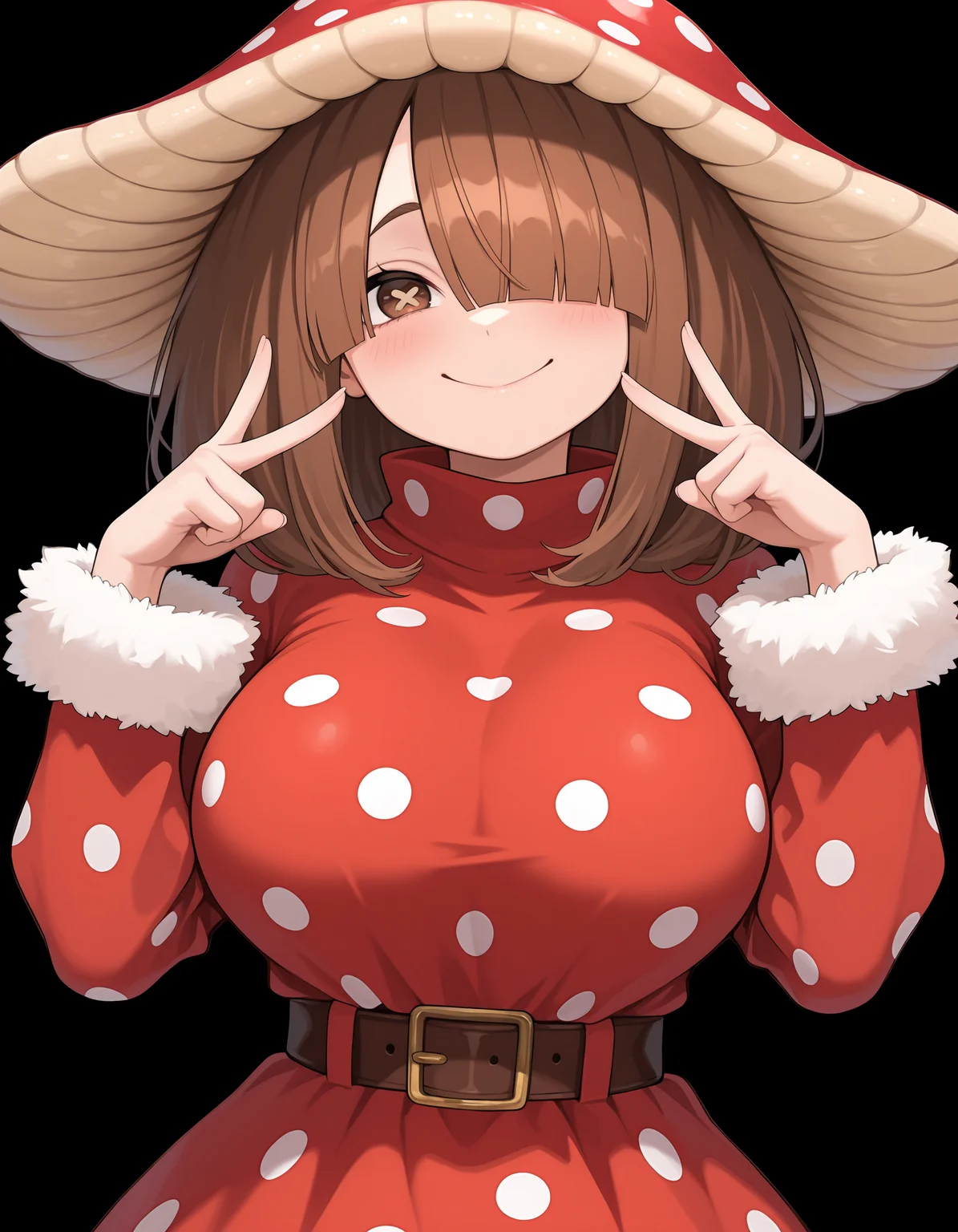 <lora:Komori Kinoko - My Hero Academia (IllustriousXL):1>
1girl, solo,
kinok0, brown hair, brown eyes, x-shaped pupils, hair over one eye,
red dress, polka dot dress, long sleeves, fur-trimmed sleeves, belt, mushroom hat, polka dot headwear,
standing, looking at viewer, upper body,
large breasts,
smile, v pose,, masterpiece, best quality, amazing quality,, (simple background, black background:1.1),
