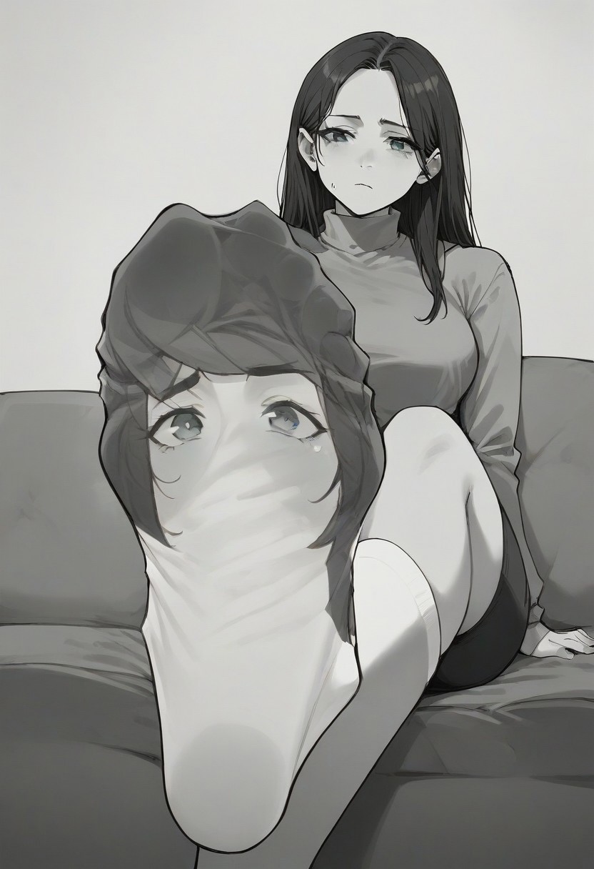 score_9, score_8_up, score_7_up, score_6_up, m4ng4, manga, monochrome, greyscale, (long hair:1.2), 1 panel, 1 frame, 1girl, comic, <lora:m4ng4XLP:1>, black hair, tired, computer, sole down, living socks, Socks have detailed eyes on instep of sock, foot focus,