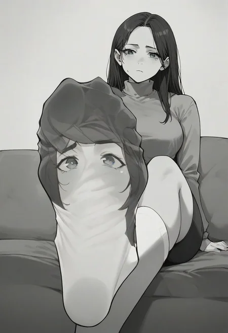 score_9, score_8_up, score_7_up, score_6_up, m4ng4, manga, monochrome, greyscale, (long hair:1.2), 1 panel, 1 frame, 1girl, comic, <lora:m4ng4XLP:1>, black hair, tired, computer, sole down, living socks, Socks have detailed eyes on instep of sock, foot focus,
