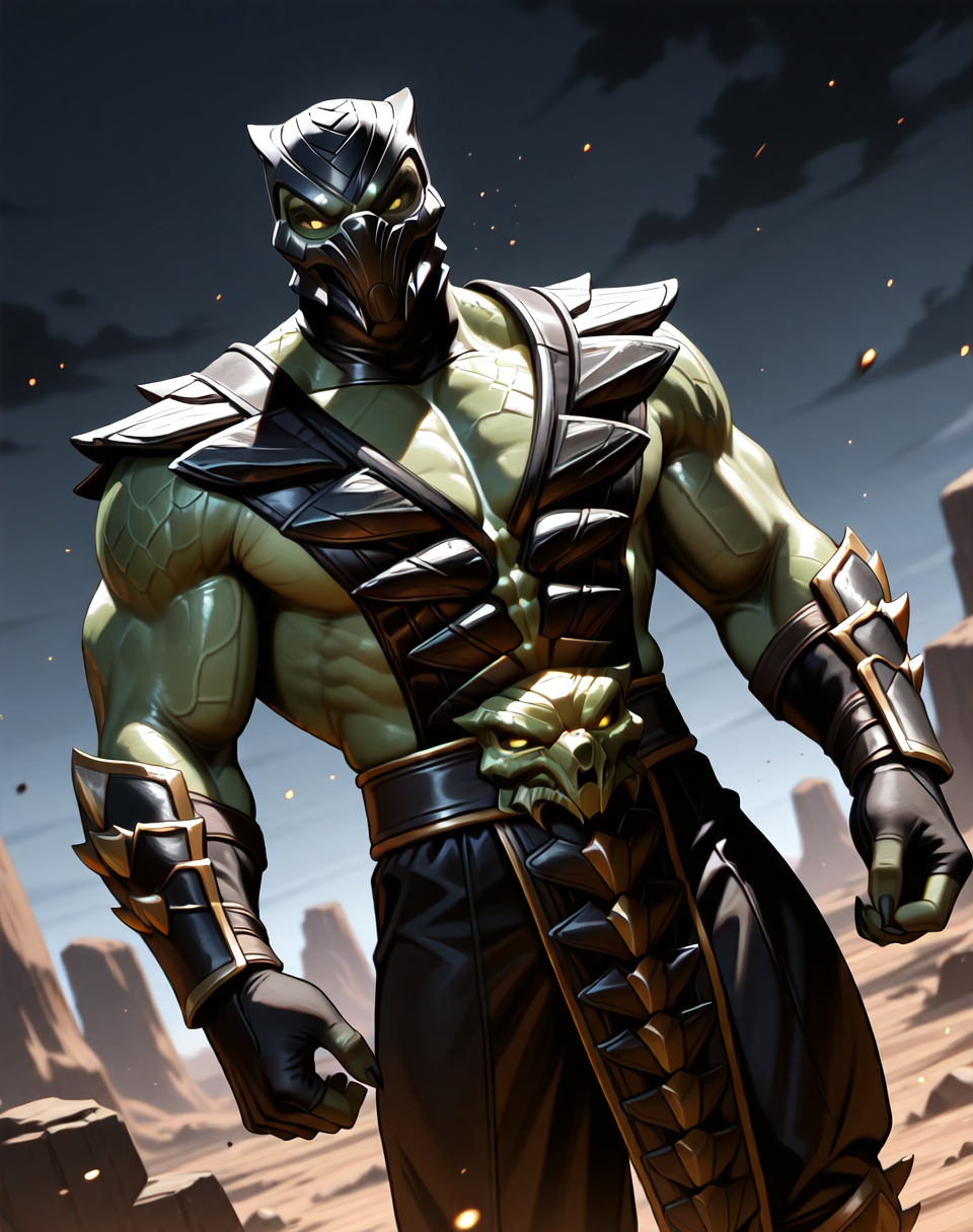 <lora:Reptile_X_(Mortal_Kombat)_(Illustrious)_(AD):1> Reptile_MK, muscular, Mortal Kombat, 
dutch angle, exterior, monumental architecture, wasteland, dark night sky with black clouds, 
male focus, gradient coloring, villain, intimidating, fierce, hyper muscular, 
BREAK very awe, aesthetically pleasing, masterpiece, best quality, amazing quality, very aesthetic, perfect depth of field shot, in'ei, source_furry, furry_art, 
Smooth Quality, lazympos, IllustQualXL_Pos,