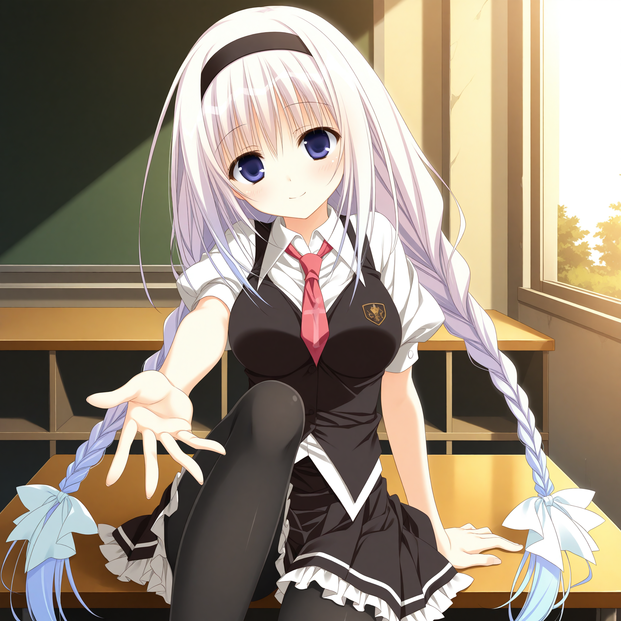 <lora:Hikawa_Rina_Uta_1_nai-000038:1>,Hikawa Rina,
twin braids,hair bow,white bow,black hairband,school uniform,black pantyhose,red necktie,white shirt,black vest,black skirt,frilled skirt,white frills,pleated skirt,collared shirt,puffy short sleeves,
BREAK
1girl,solo,sitting,on desk,front view,looking at viewer,indoors,smile,arm support,head tilt,knee up,reaching towards viewers,