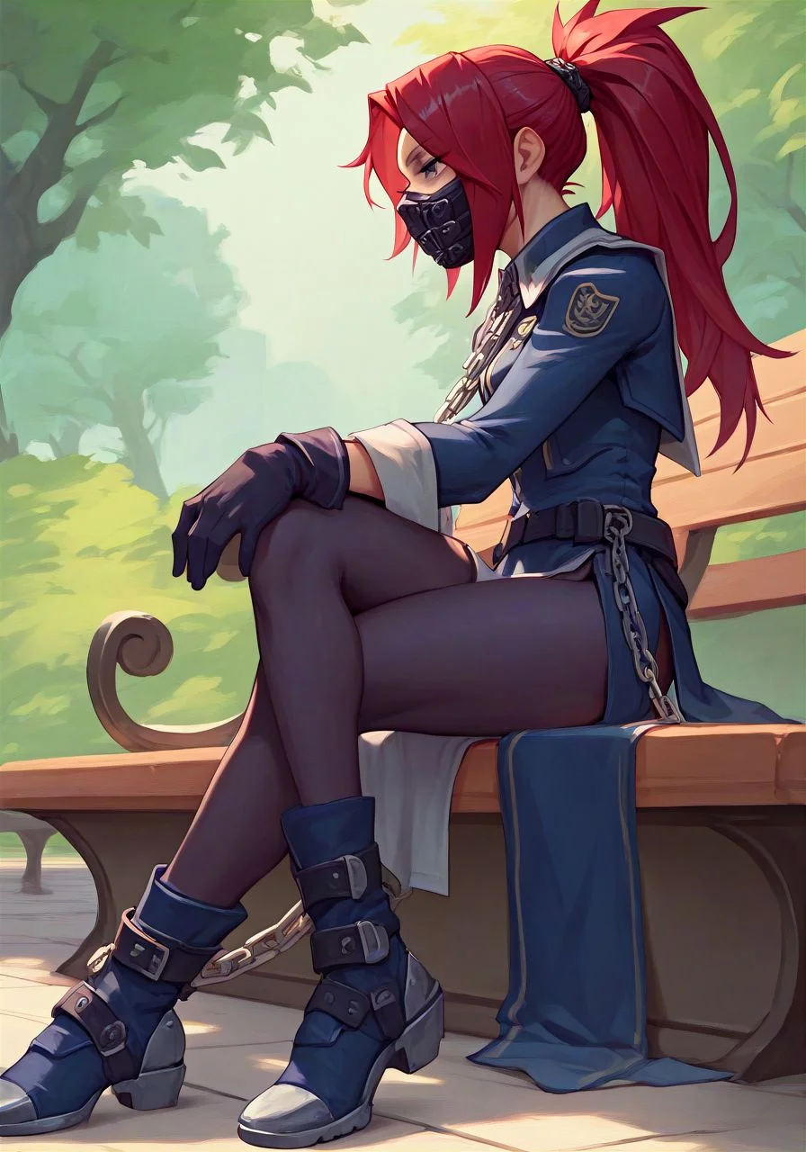 score_9,score_8_up,score_7_up,score_6_up, BREAK
red hair, ponytail, purple eyes, mask
dark blue uniform, pelvic curtain, gloves, dark blue pantyhose, ankle boots, steel toe, chain
(side view:1.2), sitting, relaxing, outstretched leg, resting hand on knee, crossed legs
cement planter, park
<lora:zak1RS_PDXL:0.8>