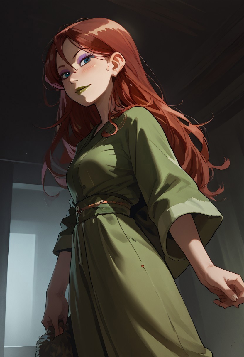 safe_pos, (score_9, score_8_up, score_7_up, score_6_up, score_5_up, score_4_up), antimony in dark room, soft focus, 1 girl, solo, red hair, long hair, blue eyes, purple eyeshadow, green lipstick,  indoors, kimono, graceful pose, blushing, smirk, medium breasts, slender body, full body, low angle, looking back at viewer, long legs, head tilted back, backlighting, 20yo, medium ass