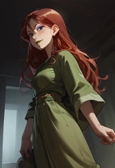 safe_pos, (score_9, score_8_up, score_7_up, score_6_up, score_5_up, score_4_up), antimony in dark room, soft focus, 1 girl, solo, red hair, long hair, blue eyes, purple eyeshadow, green lipstick, indoors, kimono, graceful pose, blushing, smirk, medium breasts, slender body, full body, low angle, looking back at viewer, long legs, head tilted back, backlighting, 20yo, medium ass