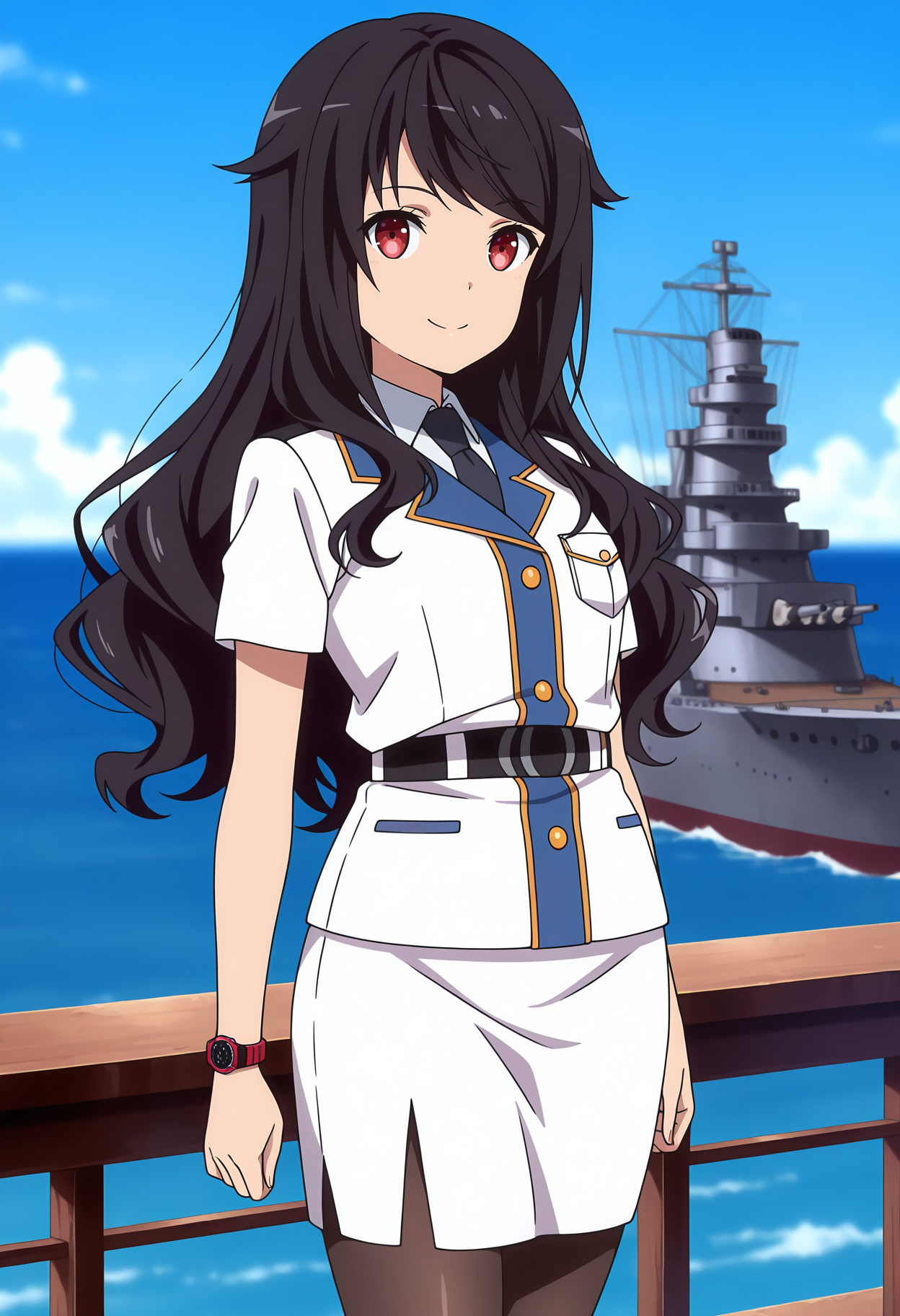 anime screencap, masterpiece, best quality,
<lora:HighSchoolFleet_MunetaniMashimo_IlluXL:0.9>,
1girl, solo, closed mouth, smile,
long hair, black hair, red eyes,
naval uniform, white jacket, collared shirt, white shirt, black necktie, short sleeves, breast pocket, wristwatch,
black belt, pencil skirt, white skirt, black pantyhose,
standing, looking at viewer, cowboy shot, legs,
horizon, dock, outdoors, battleship, warship, blue sky, blurry background