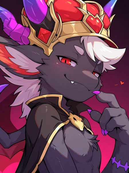masterpiece, best quality, amazing quality,
MagnasIL,1boy,solo,furry male,male focus,dragon boy,demon wings,crown,cape,horns,red eyes,fang,upper body, close up, side angle,smug,looking at viewer, flirty expression, seductive glance,<3,
<lora:Magnas_IL-000012:1>