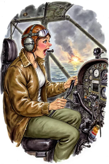d0sn Illustration. A female pilot screaming inside the cockpit of a WWII bomber. The pilot, wearing a vintage leather flight helmet with goggles and a brown bomber jacket, grips the controls with white-knuckled hands. Her face is contorted in a mix of fear and determination as she yells, her eyes wide with adrenaline. The cockpit is cramped and filled with old-fashioned dials and gauges, with the outside view showing dark stormy clouds and distant anti-aircraft fire. The scene is lit by the eerie glow of the instrument panel, casting harsh shadows across her face, emphasizing the intensity and danger of the moment. High contrast, dynamic composition, gritty and realistic, with a cinematic feel. <lora:d0sn_illus7_cap_d6a3:1.0><lora:805782302199281144:0>