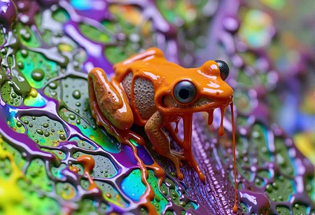 bv-colpaidri. A frog sitting on a leaf, with fluorescent paint vibrantly running down its body, juxtaposed against an iridescent leaf, with bright reflections, <lora:bv-colorful-paint-dripping-v1.safetensors:1.0:1.0>