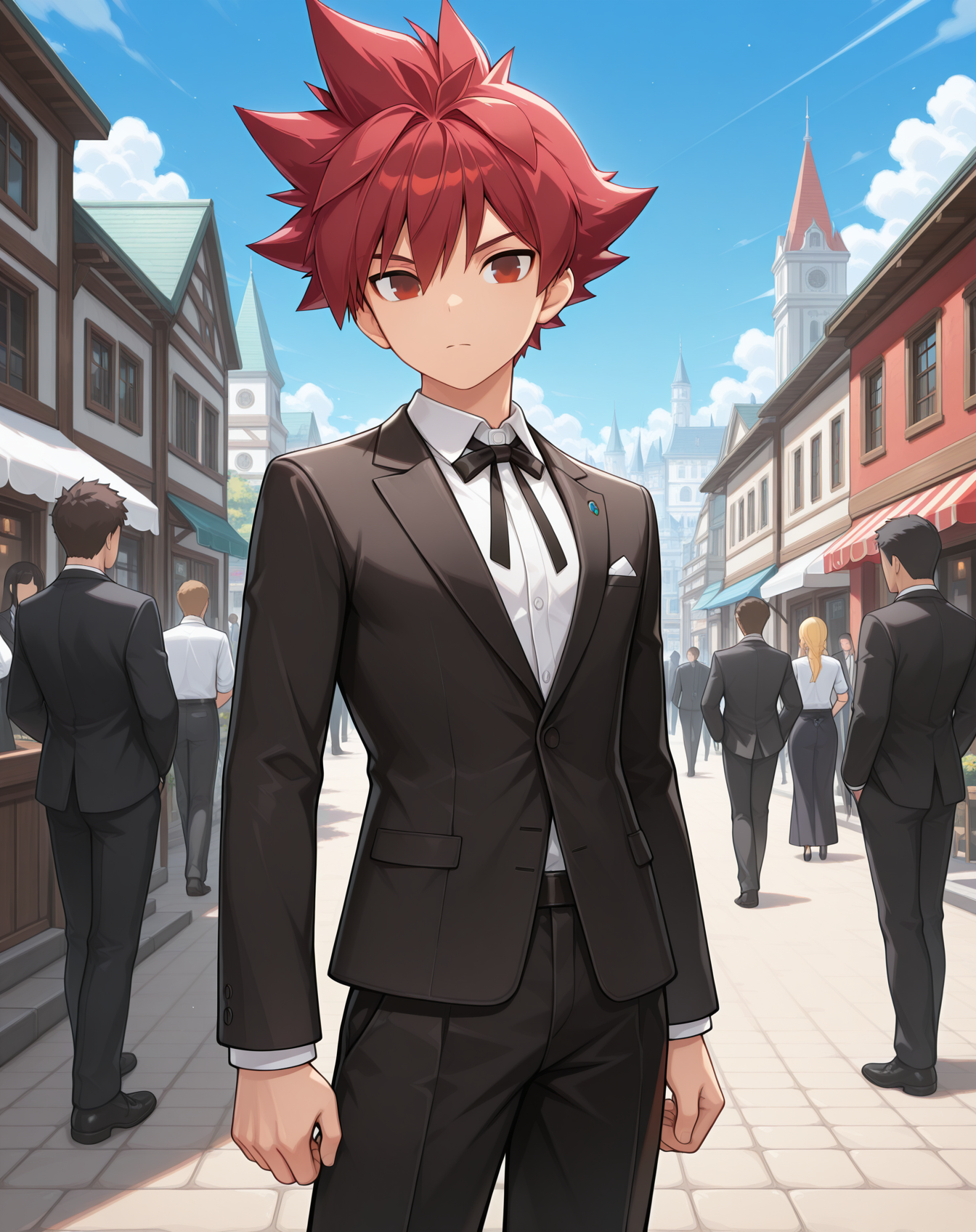 masterpiece,best quality,amazing quality, newest, very aesthetic, absurdres,
1boy, solo, yaoi, male focus, looking at viewer, cowboy shot, standing,
<lora:Elsword_Base_ilxl:1> elswordbase, red eyes, spiked hair, red hair,
formal, tuxedo, neck ribbon, white shirt, collared shirt, black pants, shoes, black footwear, suit jacket, black jacket,
outdoors, day, blue sky, building, people,