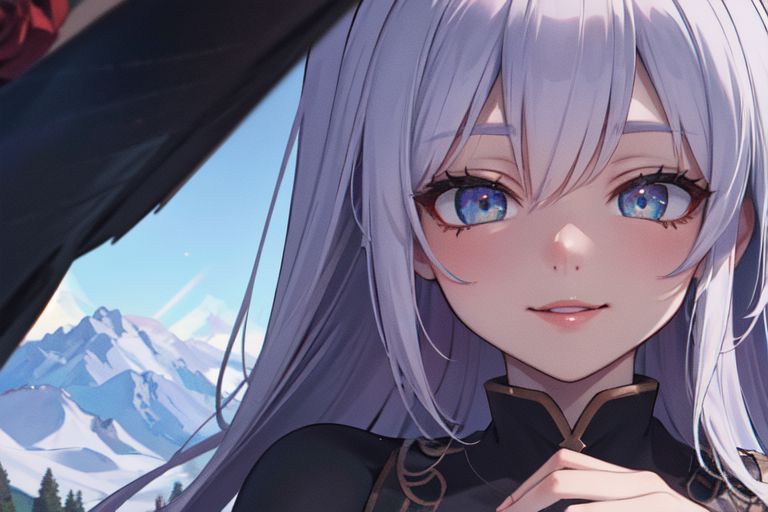 (masterpiece:1.4), 4K8K, (anime style), (high shutterspeed:1.4), (sharp edges), 
SyFyEye1, 
1woman  hands togather,  leaning foward, face focus, smile, closed mouth, 
wearing Celtic style dress, (Detailed face, Detailed eyes, Detailed lips), 
any colored roses, Alps in the background,