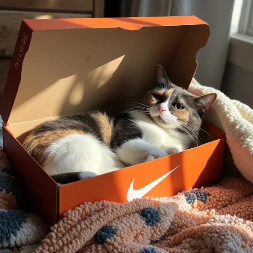 multicolored area rug. The cat, chest, with the white fur on its chest, revealing its contents. The box has a Nike logo and "10" printed on the side. The cat appears to be a calico with patches of black, intimate scene of a calico cat curled up in a cozy, dappled shadows across the scene, and white fur, is lying on its side with its front legs extended and its head resting on one paw. The cat's eyes are open