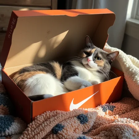 multicolored area rug. The cat, chest, with the white fur on its chest, revealing its contents. The box has a Nike logo and "10" printed on the side. The cat appears to be a calico with patches of black, intimate scene of a calico cat curled up in a cozy, dappled shadows across the scene, and white fur, is lying on its side with its front legs extended and its head resting on one paw. The cat's eyes are open