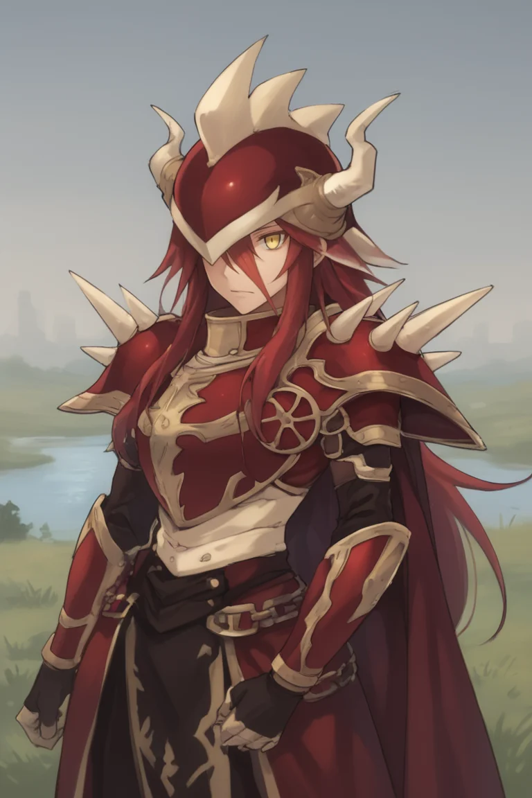 score_9, score_8_up, score_7_up, score_6_up, source_anime, BREAK, <lora:Gulcasa-000012:0.7> , guldef, (1boy), red hair, long hair, hair between eyes, yellow eyes, (armor), full armor, spikes, shoulder armor, one eye covered, horned helmet, spiked helmet, horned headwear, shoulder spikes, cape, red cape, pauldrons, gauntlets, (cowboy shot), looking at viewer, smile, closed mouth,  <lora:zy_Detailed_Backgrounds_v1:0.3> , detailed background, highly detailed, outdoor, river, meadow, plains,  <lora:OldAnimeStyle_PonyXL:0.6> , Vintage, 1990s \(style\),