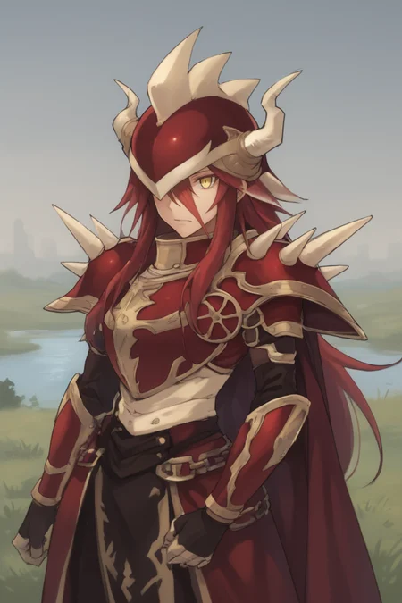 score_9, score_8_up, score_7_up, score_6_up, source_anime, BREAK, <lora:Gulcasa-000012:0.7> , guldef, (1boy), red hair, long hair, hair between eyes, yellow eyes, (armor), full armor, spikes, shoulder armor, one eye covered, horned helmet, spiked helmet, horned headwear, shoulder spikes, cape, red cape, pauldrons, gauntlets, (cowboy shot), looking at viewer, smile, closed mouth,  <lora:zy_Detailed_Backgrounds_v1:0.3> , detailed background, highly detailed, outdoor, river, meadow, plains,  <lora:OldAnimeStyle_PonyXL:0.6> , Vintage, 1990s \(style\),