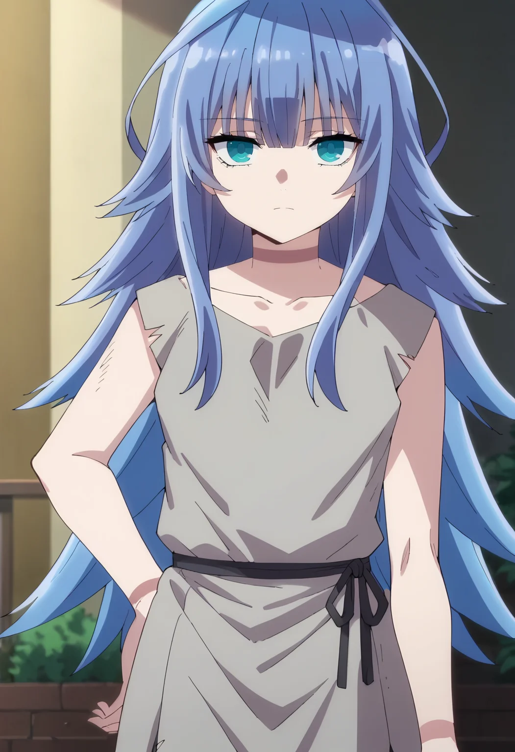 Charlotte Reis Teen, 1girl, solo, long hair, blue hair, blue eyes, , grey dress, sleeveless, looking at viewer
<lora:Charlotte Reis:0.9>, score_9, score_7_up,anime coloring ,source_anime, anime