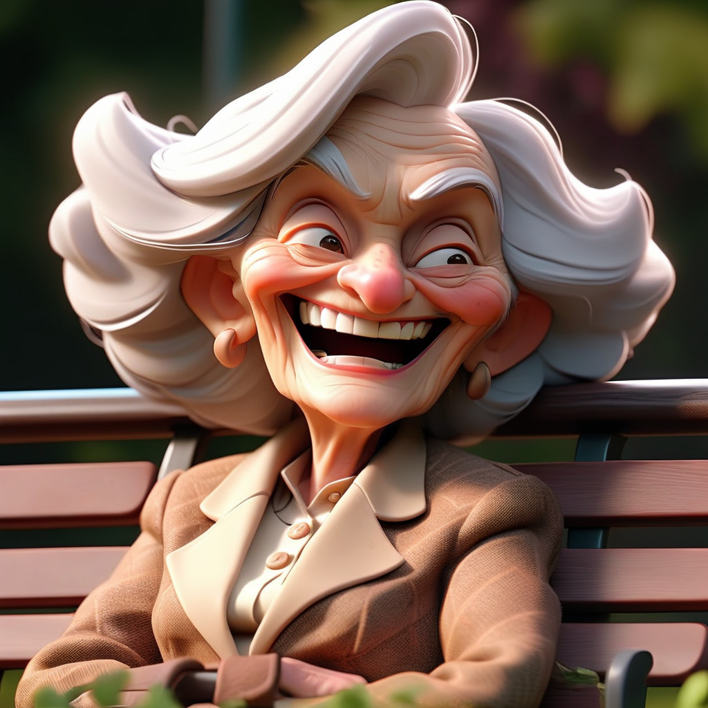 3D cinematic film.(caricature:0.2). 4k, highly detailed, smiling old woman relaxing on a park bench