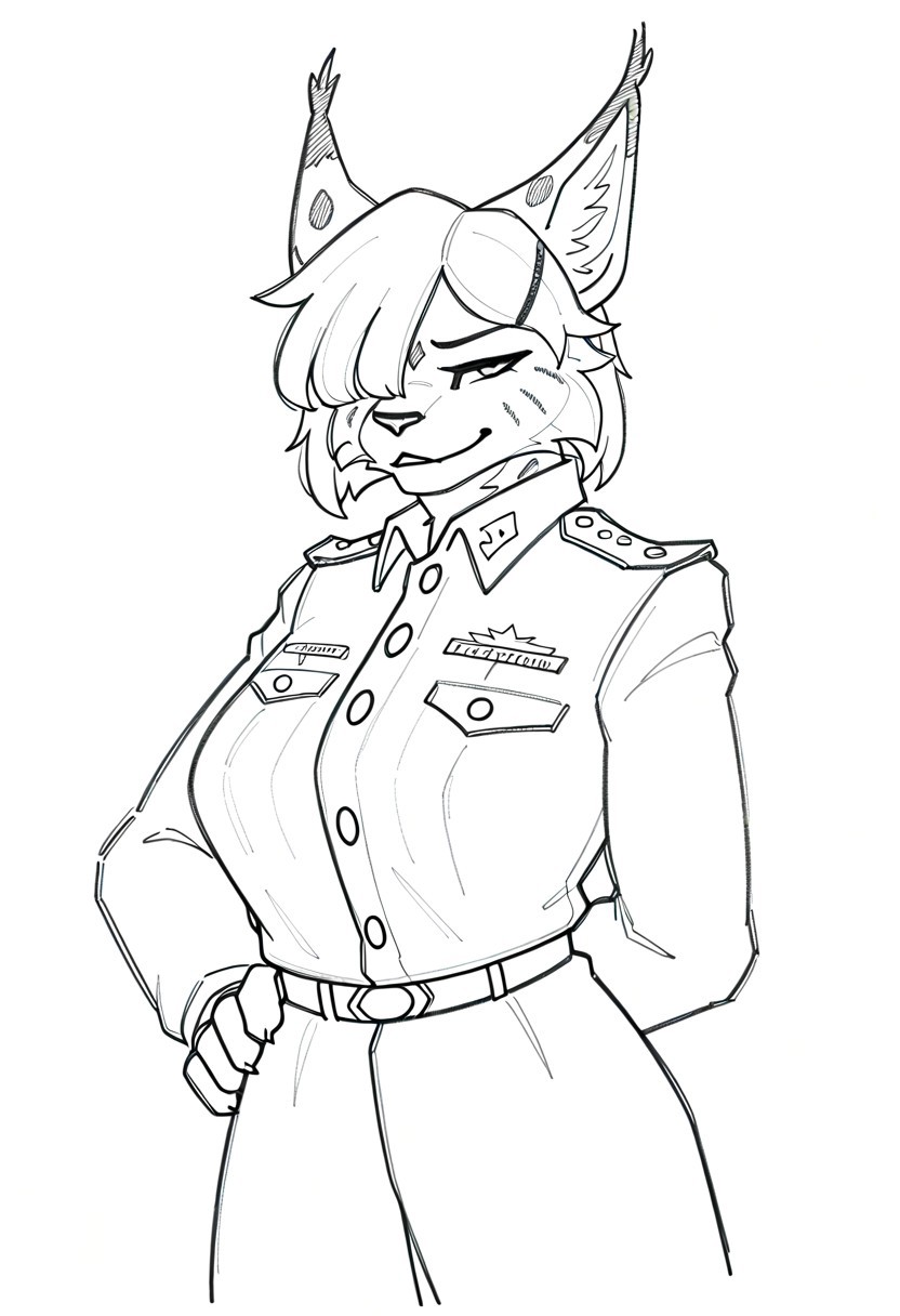 masterpiece, best quality, newest, absurdres, highres, furry, perfect anatomy, detailed eyes, (1girl, solo, female, lynx, spotted body, white hair, bob hair, hair over eye, one eye obstructed, hairpin, muscular, smirk, white military uniform, sketch, traditional media, monochrome, pencil drawing, paper background), pederont, by pederont