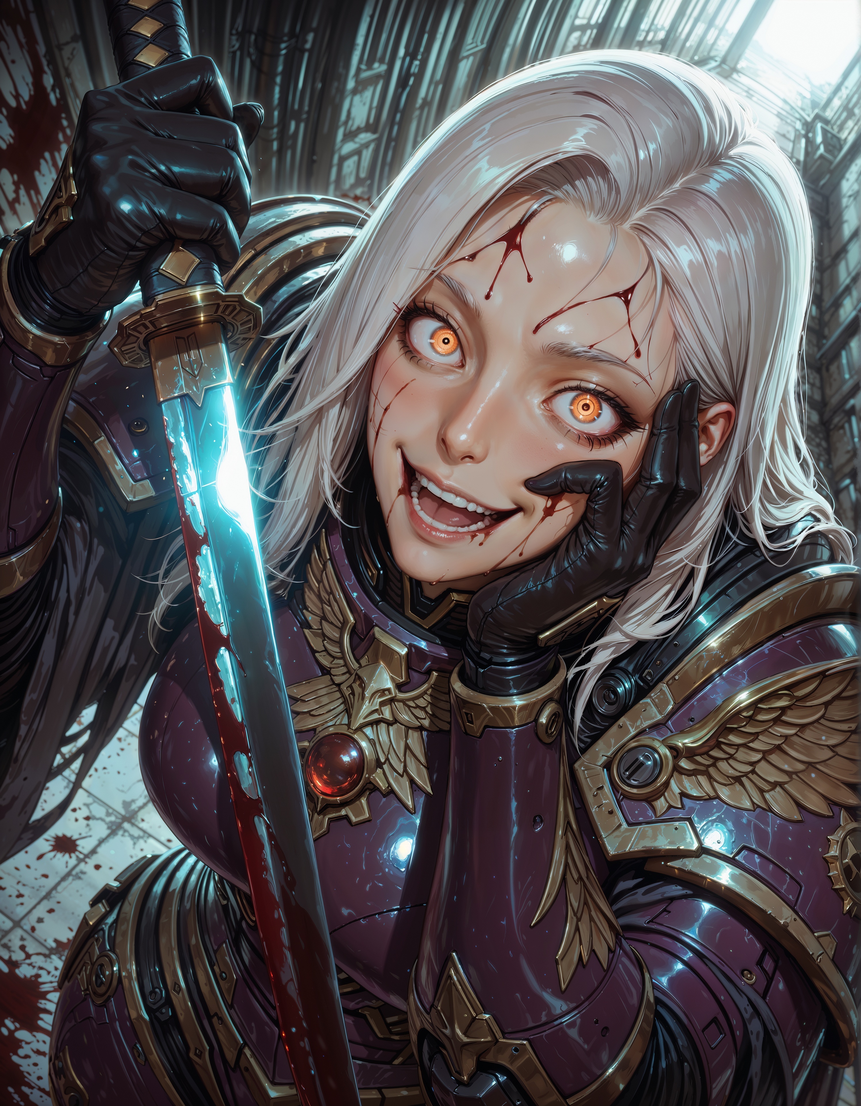 masterpiece, best quality,high quality, newest, highres,8K,HDR,absurdres, iLLFulgrim40k, 1girl, power armor, wing ornament, teeth, open mouth, blood on face, smile, crazy eyes, holding katana, hand on own cheek, upper body, backlighting, from above, dutch angle, , close-up, photorealistic, dutch angle, from above, (((blood splatter))),fisheye, , masterpiece, best quality, amazing quality, very aesthetic, absurdres, newest, scenery, volumetric lighting <lora:iLLMythG0thicL1nes:0.8> G0thicL1nes <lora:iLLFulgrim40k:1>
