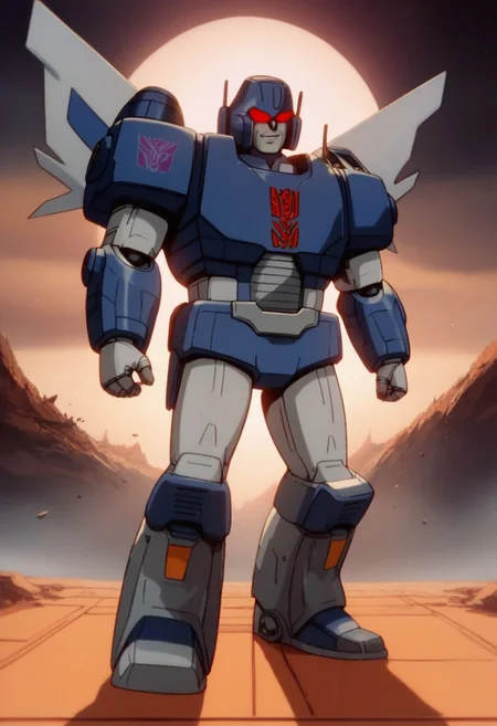 score_9, score_8_up, score_7_up, animation, transformers, 1boy, robot, Decepticon, Tall, bulky, Seeker, glowing eyes, red eyes, large eyes, circular eyes, Black and navy blue armor, Forard swept wings, transforms into an F-35 Lightning II Stealth Fighter Jet, , full body, cowboy shot, smiling, holding null ray blasters, Decepticon Symbol