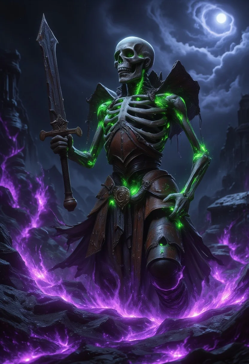 A highly detailed skeleton warrior rises from a cracked grave, holding a rusty sword in one bony hand, with tattered, weathered armor hanging loosely from its frame. The scene is shrouded in eerie purple and green mist, with a dark, stormy sky in the background. Glowing green light emits from the warrior’s eye sockets, and cracks of the earth around the grave are lit with otherworldly purple energy. The scene is semi-realistic, with gritty textures on the rusted metal, bone, and dirt, giving it an epic, haunting feel, 4k, highly detailed background.
