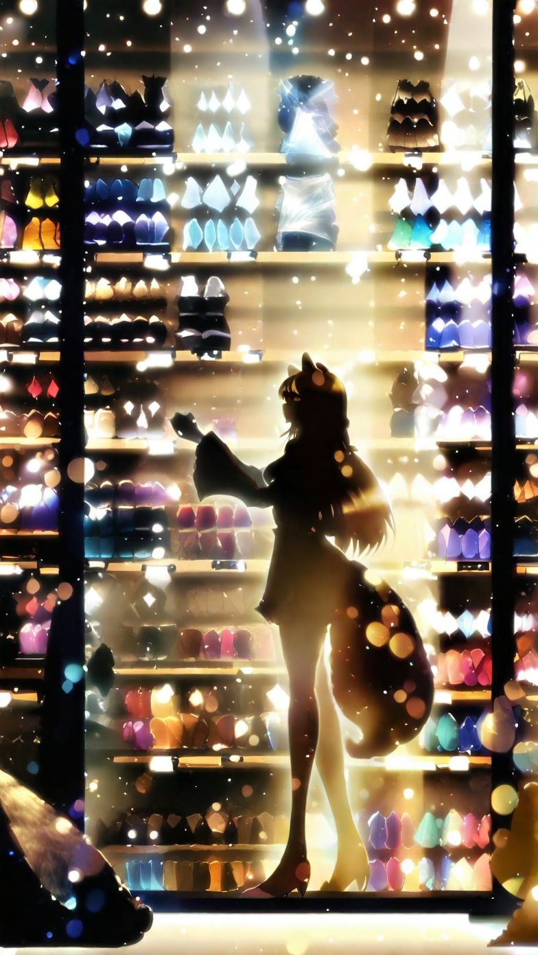 1girl, older woman , small breast   , (chipmunk ears, chipmunk tail:1.2), clear gadient eyes , vivid yellow hair, long hair , hair slicked back, streaked hair,  crossed bangs, Jewelry Store, establishing shot, looking up, cute, deep blond cycle-wear, silhouette, harada miyuki style, masterpiece, best quality, <lora:harada_miyuki_style:1>