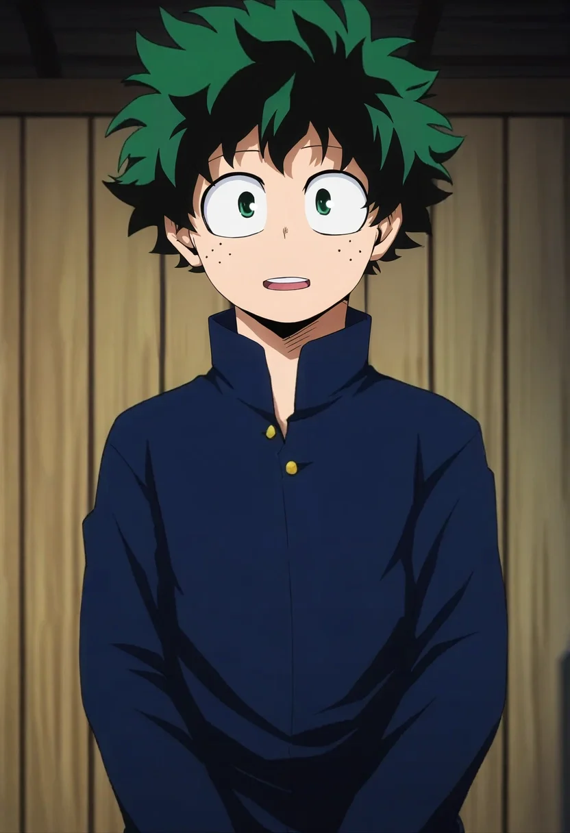 intricate details, anime screencap, , , looking at viewer, depth of field, 1boy, solo, male focus, <lora:izuku_midoriya_ilxl:0.84>, izuku_midoriya, green hair, green eyes, short hair, upper body, farm, plantation, indoors, dark, legs together, open mouth,
