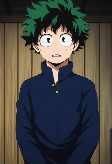 intricate details, anime screencap, , , looking at viewer, depth of field, 1boy, solo, male focus, <lora:izuku_midoriya_ilxl:0.84>, izuku_midoriya, green hair, green eyes, short hair, upper body, farm, plantation, indoors, dark, legs together, open mouth,