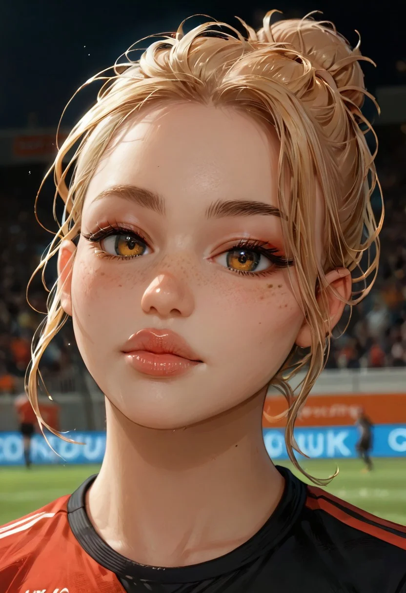 embedding:urn:air:sd1:embedding:civitai:222256@250708, score_9, score_8_up, score_7_up, score_6_up, realistic, a woman, sexy slim face, slim body, hourglass shape, tanned, blond hair, full lips, face full of freckles, messy bun, light brown eyes, black smokey eyeshadow, (((Orange and black soccer uniform))), cinematic angle, dynamic pose, close up, on soccer field, unique angle, cinematic lighting, solo focus, 1woman, blush, detailed eyes, lips, (focus on face), depth of field, god rays, 4ng3l face, skindentation, embedding:urn:air:sd1:embedding:civitai:177792@649182