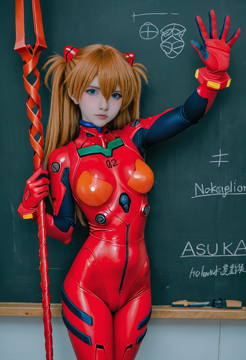 1girl,film grain,photo of an asian woman dressed as souryuu asuka langley from neon genesis evangelion,blue eyes, hair between eyes, long hair, orange hair, brown hair, two side up, medium breasts, plugsuit, plugsuit, pilot suit, red bodysuit, interface headset,holding lance of longinus,Priest background, blackboard,
real skin,skin texture,detailed facial features, freckles,ance,mole,<lora:pornmaster skin-noob-V6:0.5>, <lora:cosplay photo-IL-V1-lora:1>  <lora:il_brightness_slider_d1:-1.35>