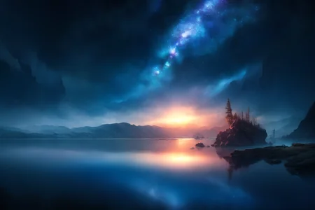 a desolate sea, black/blue theme, night sky, lone island, reflection in water, high definition, masterpiece, best quality, 4k, 2k, studio shadows, rim lighting, sharp focus, bokeh, extremely detailed CG unity 8k wallpaper, BREAK <lora:epi_noiseoffset2:0.75>, <lora:more_details:0.45>, <lora:FantasyLandscape:0.65>