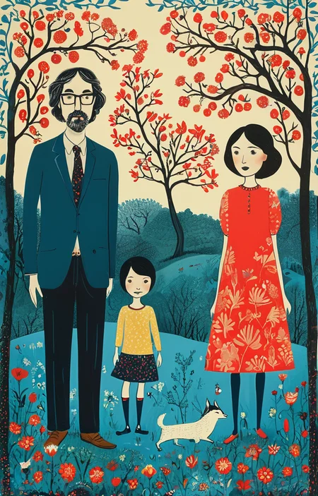 masterpiece,best quality,<lora:tbh151-sdxl:0.8>,illustration,style of Rob Ryan, portrait of family