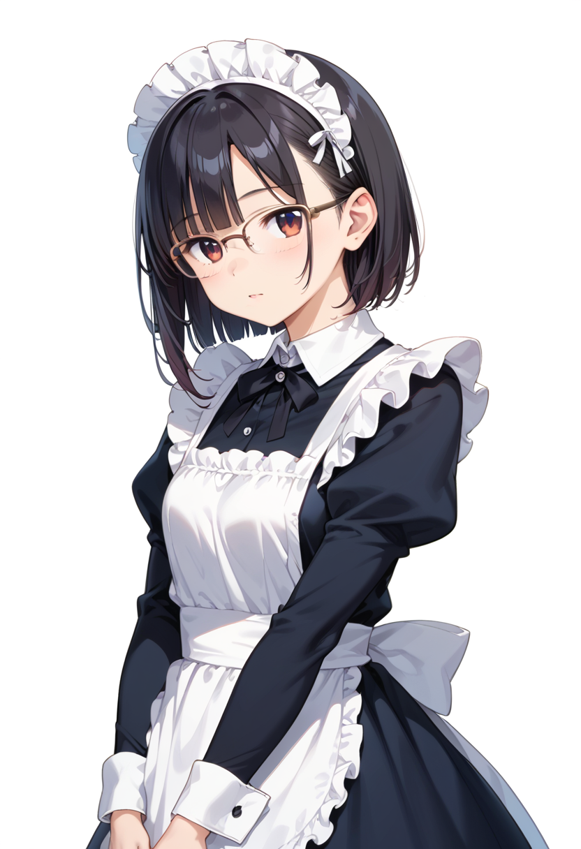 score_9, score_8_up, score_7_up, rating_safe, masterpiece, best quality, absurdres, unity 8k wallpaper, official art, official style, source_anime, uncensored, game cg, megami magazine,
1girl, solo, black hair, medium hair, upper body, covered eyes,maid, maid headdress, black dress, maid apron, face focus,
halfrim17s,  still life, white background, simple background, brown-framed eyewear,
 <lora:glasses_halfrim17S_PONY_V1:1>