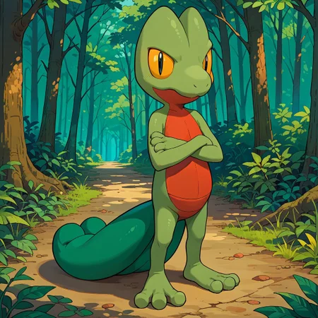 score_9, score_8_up, score_7_up, score_6_up, source_anime, Treecko, solo, reptile, scalie, pokemon (creature), pokemon, green and red body, large tail, black eyes, yellow sclera, full body, looking at viewer, standing, arms crossed, forest background,