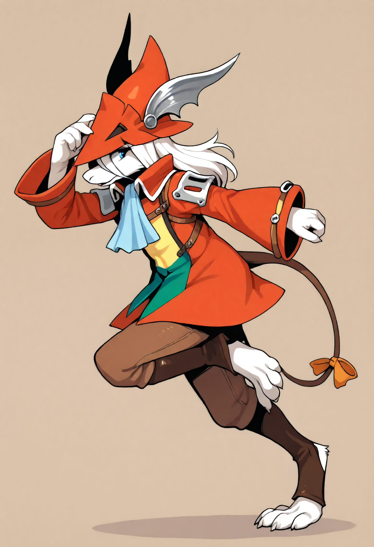 fluffy, tufts, furry, FreyaC, white fur, white hair, blue eyes, brown tail, orange tailbow, red dragoon coat, ascot, leather gaiters, brown dragoon pants, leg raised, red dragoon hat, running, on one foot, touching hat, brown background, feet, from side, solo, 1girl, detailed, shading, sharp lighting,
,  <lora:Freya11b s97:1>